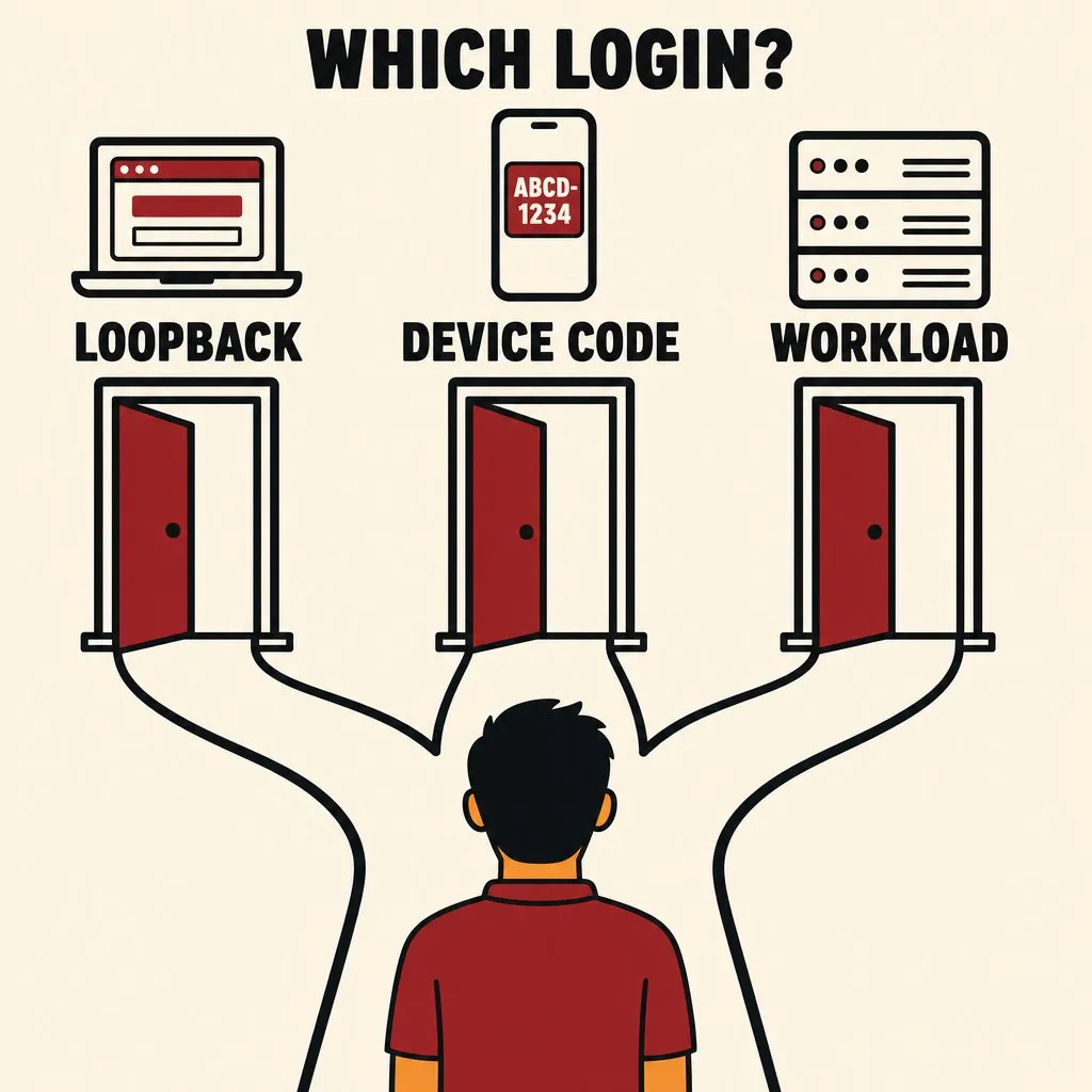 Flat illustration in the site's avatar-logo style. An avatar seen from behind stands at a three-way fork in a path under the heading WHICH LOGIN? Each path leads to an open door: the left one under a laptop showing a browser window, labelled LOOPBACK; the middle one under a phone showing the code ABCD-1234, labelled DEVICE CODE; the right one under a server rack with no person near it, labelled WORKLOAD.