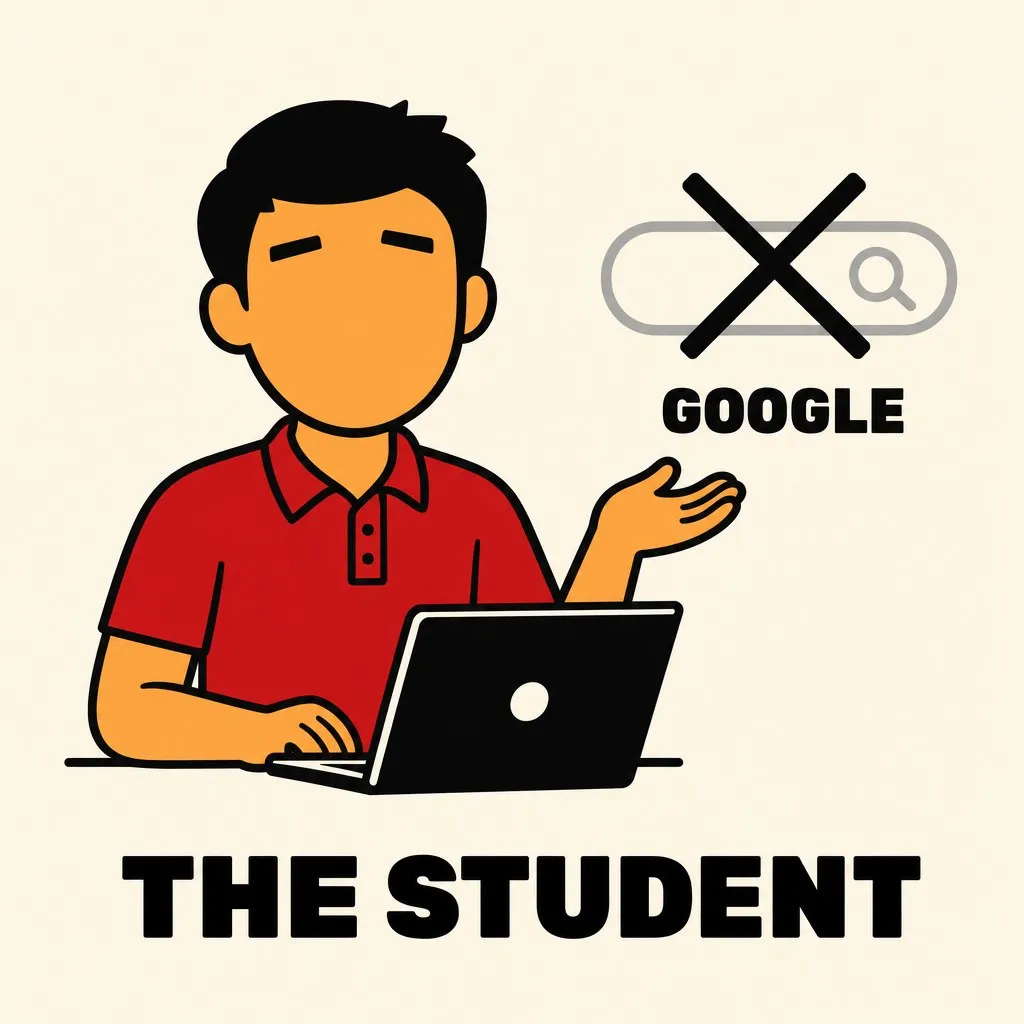 Flat illustration in the site&#x27;s avatar-logo style — warm cream background, bold black outlines, deep red and warm orange palette. An avatar at a laptop with a crossed-out magnifying-glass search bar.