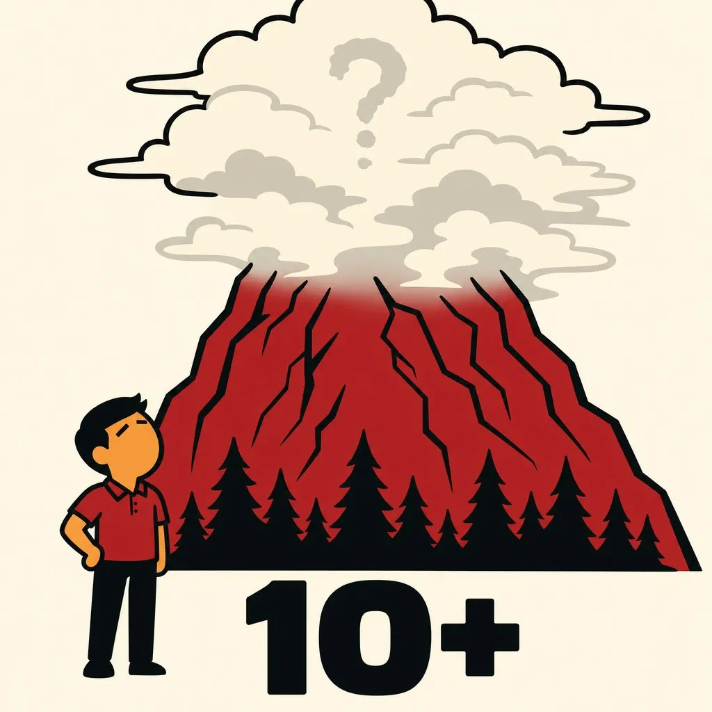 Flat illustration in the site&#x27;s avatar-logo style. A mountain summit dissolving into fog, a small avatar at the tree line looking up at the invisible next ledge, a question mark fading into cloud.