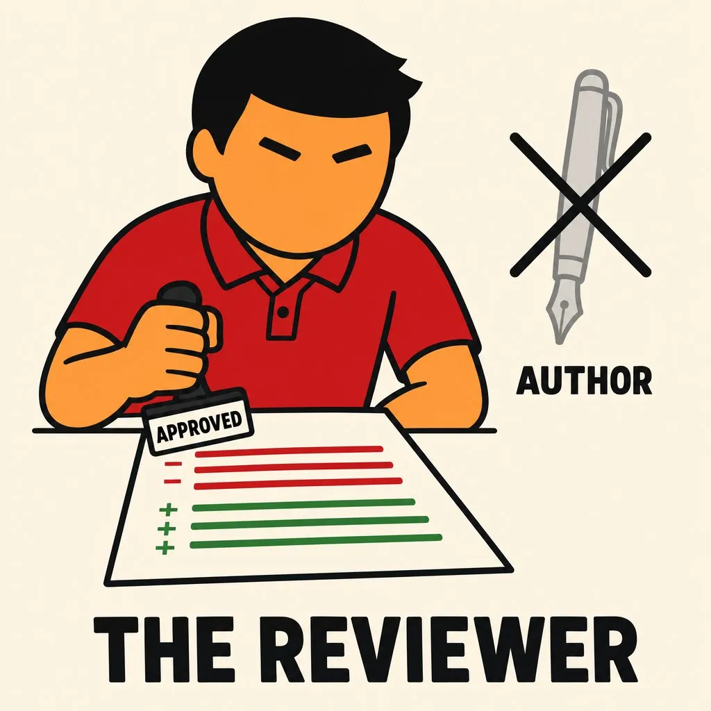 Flat illustration in the site&#x27;s avatar-logo style. An avatar stamping approval on a red/green diff, with a crossed-out author&#x27;s pen.