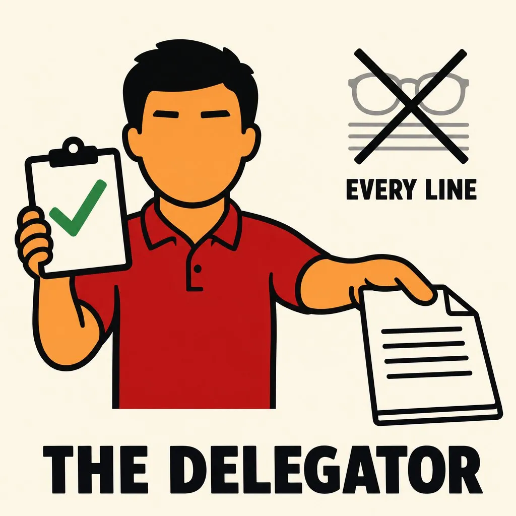 Flat illustration in the site&#x27;s avatar-logo style. An avatar handing off a whole file and holding a passing test-tick, with crossed-out reading glasses over lines of code.