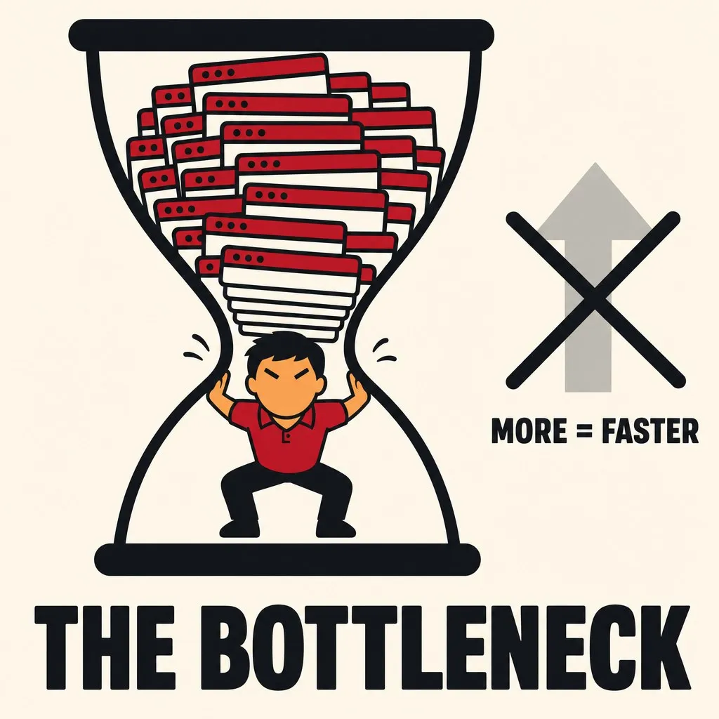 Flat illustration in the site&#x27;s avatar-logo style. An avatar squeezed at the pinch of an hourglass under a backlog of stacked windows, with a crossed-out "more = faster" arrow.