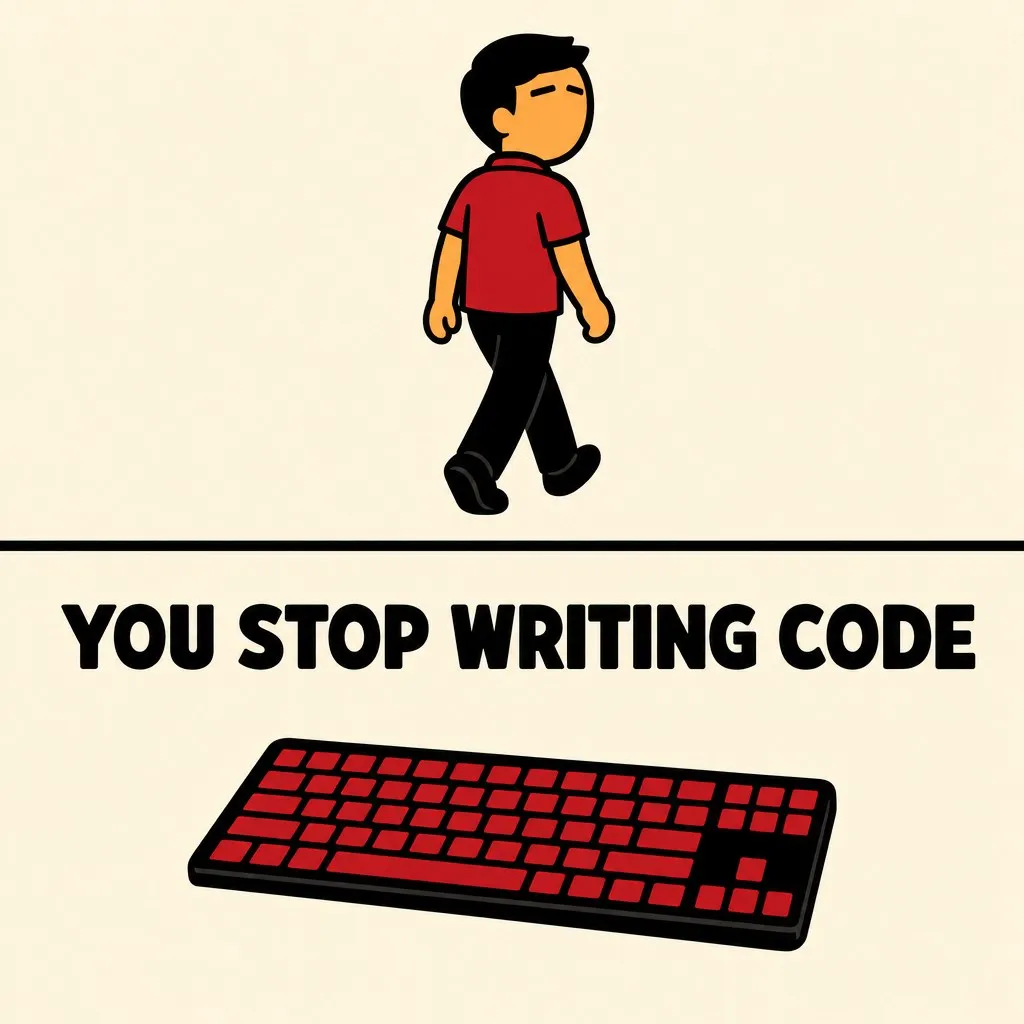 Flat illustration in the site&#x27;s avatar-logo style. A keyboard laid down and abandoned beneath a dividing line; an avatar walks upward away from it. Caption: you stop writing code.