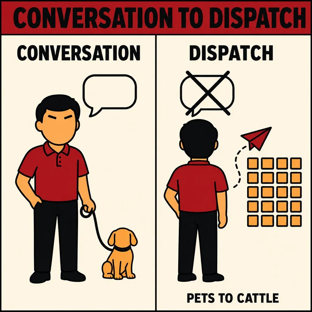 Flat illustration in the site&#x27;s avatar-logo style. A two-panel image: left, an avatar with a speech bubble and a pet on a leash; right, the same avatar with a crossed-out speech bubble and a paper-plane flying to a grid of squares. Caption: conversation to dispatch, pets to cattle.